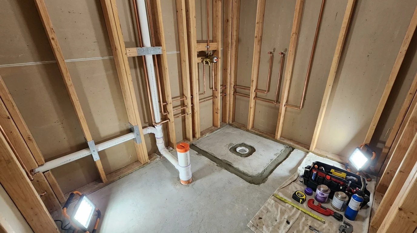 Bathroom rough-in plumbing during remodel by Johns Plumbing LLC in Hydesville