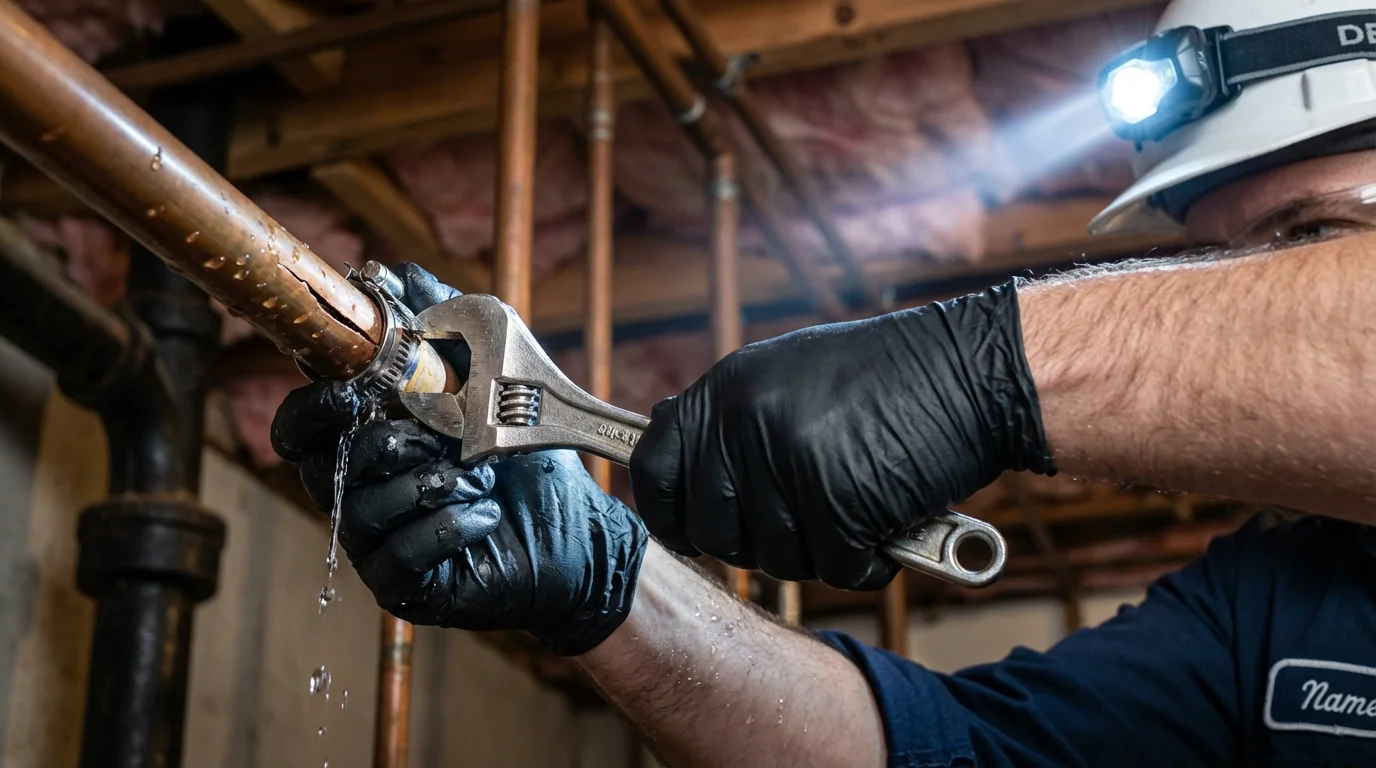 Emergency pipe clamp repair being performed by a Johns Plumbing LLC plumber in Hydesville