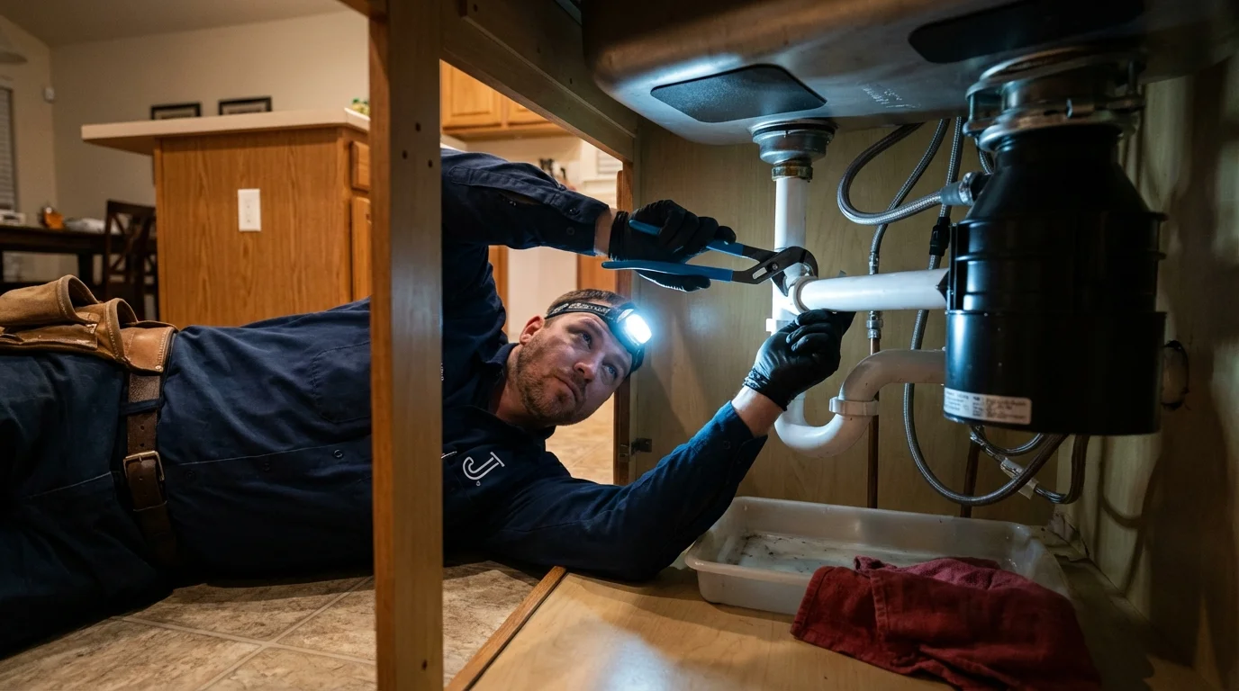P-trap and supply line connections under a kitchen sink showing a common leak point in Hydesville, CA